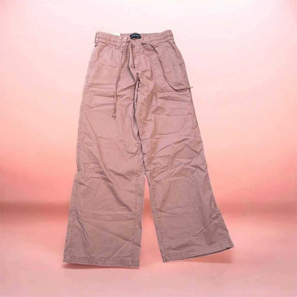 AERO Women’s Brown Twill Low Rise Wide Leg Pants Relaxed Fit Stretch S